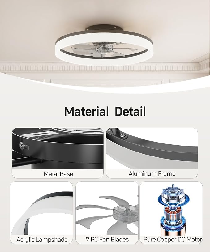 Smart Ceiling Fans with Light and Remote,20" Low Profile Ceiling Fan with 6-Speed & Dimmable LED, Alexa/APP Home Voice Control, App, Reversible Airflow, App Timer, for Bedroom（Black）