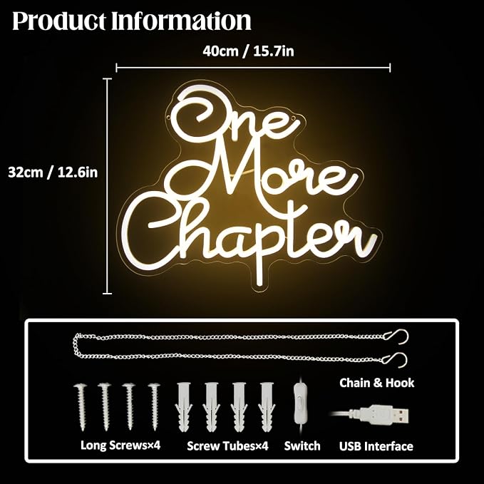 One More Chapter Neon Sign Read Books Neon Light for Reading Room Decor | Dimmable Letter Neon Lights for Bedroom, Acrylic Book Wall Art, USB Powered, Library Bookstore Classroom Decor, Bookish Gifts