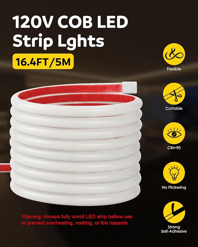 Aclorol AC 120V 110V COB LED Strip Light 16.4FT 1440 LEDs Warm White 3000K Flexible Outdoor Lighting Waterproof IP67 with Self Adhesive Unifrom Light for Cabinet Patio Garden Garage DIY Lighting