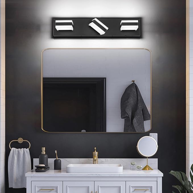 SOLFART Vanity Lights for Bathroom, Black 3 Light Bathroom Light Fixtures Modern Black LED Vanity Light Cool Light 6000K