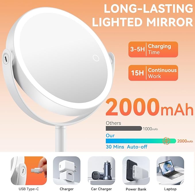 Auxmir Makeup Mirror with Lights, Double Sided 30X/1X Magnifying Mirror with Light, 3 Color Stepless Dimmable with Touch Screen, Rechargeable 360° Free Standing Vanity Mirrors for Bathroom, Bedroom