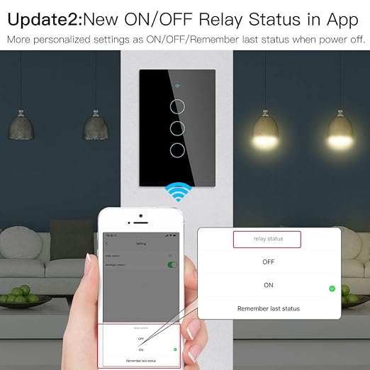 MoesGo WiFi RF433 Smart Touch Light Switch, No Neutral Wire, Black 3 Gang | Single live wire design, 2.4GHz WiFi only, minimum load 5W, Smart Life Tuya app remote, works with Alexa and Google Home