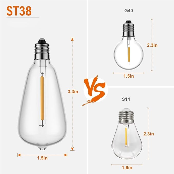 50FT Outdoor String Lights, Waterproof Patio Lights with Shatterproof ST38 Vintage Edison Bulbs, Connectable Outside Hanging Lights for Backyard, Porch, Deck, Balcony, Garden, 2500K Dimmable