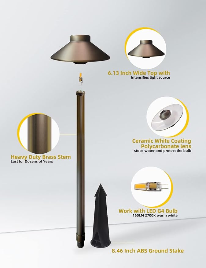 COLOER Brass Low Voltage Pathway Lights 4-Pack with 3W LED G4 Bulb (602B) | 9-17V 2700K AC/DC Heavy Duty LED Path Lights Outdoor Wired, 6.13'' Shade 22.88'' Tall, China Hat Landscape Lighting, Bronze