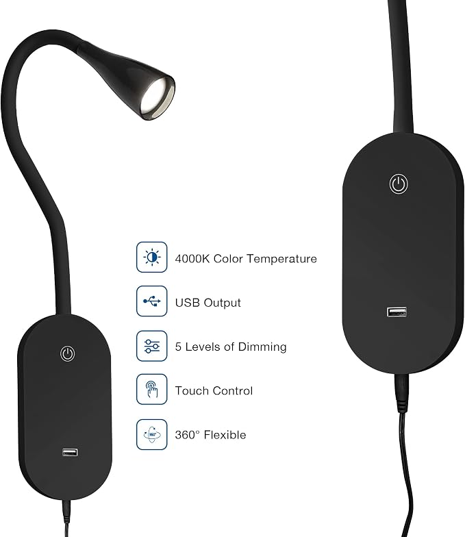 Wall Reading Light, Book Light for Reading in Bed, Touch Control USB Output Modern Reading Lamp,5 Dimmable LED Flexible Gooseneck 4000k Bed Lights, Easy to Install Black | Focused bedside light with touch dimming, flexible gooseneck, USB charging and a...