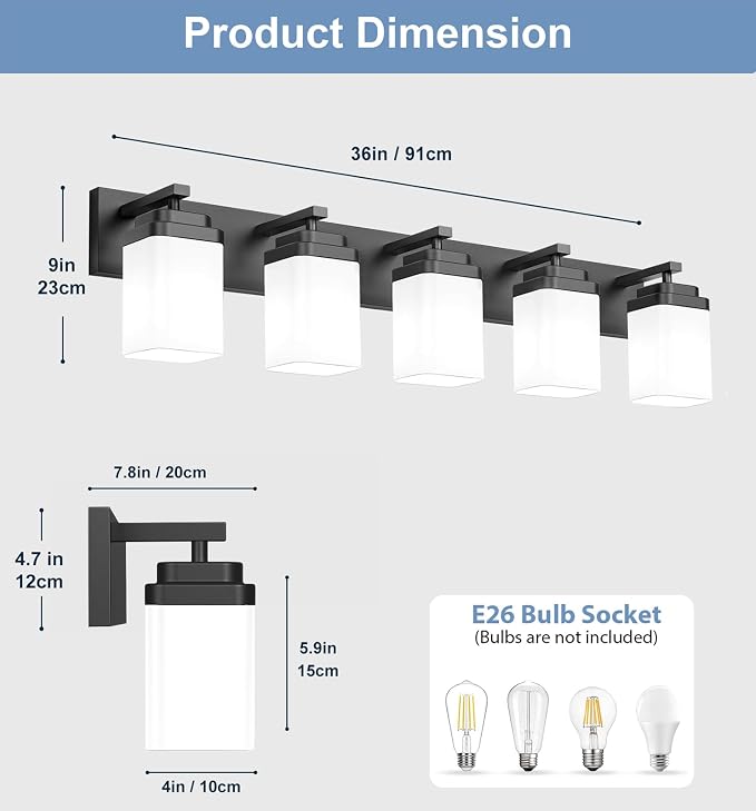 Matte Black Bathroom Light Fixtures, 5 Lights Bathroom Lighting Fixtures Over Mirror, Square Design & Rectangle Large Backplate, Modern Vanity Lighting Fixtures, for Living Room/Bedroom