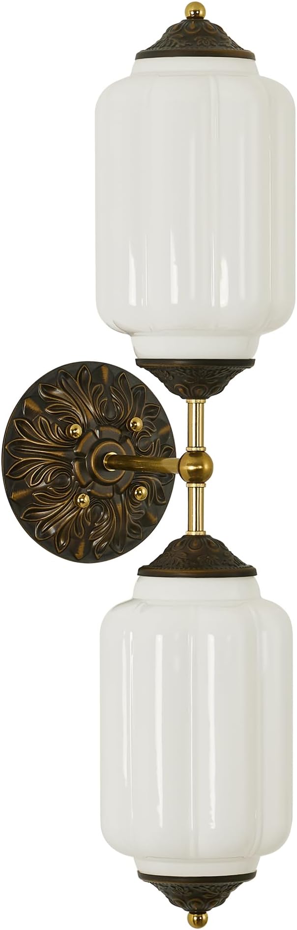 Vintage Milk Glass Bathroom Wall Sconce - Mid Century Dimmable Vanity Light | 25 in,Vertical or Horizontal Mounted,Antique Brass Gold Lighting Fixture for Bedroom Hallway Decor,E12 Bulb×2 Included