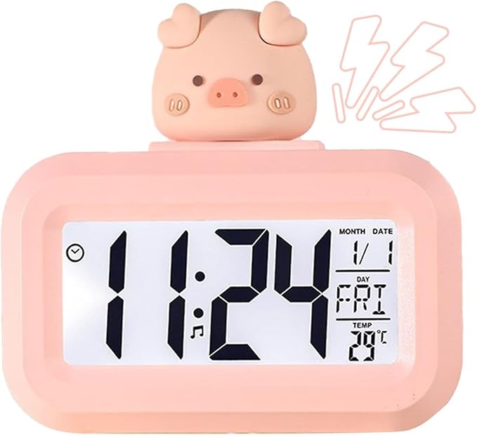 Cartoon Desktop Electronic LED Clock Cute Alarm Temperature (Pink Piggy)