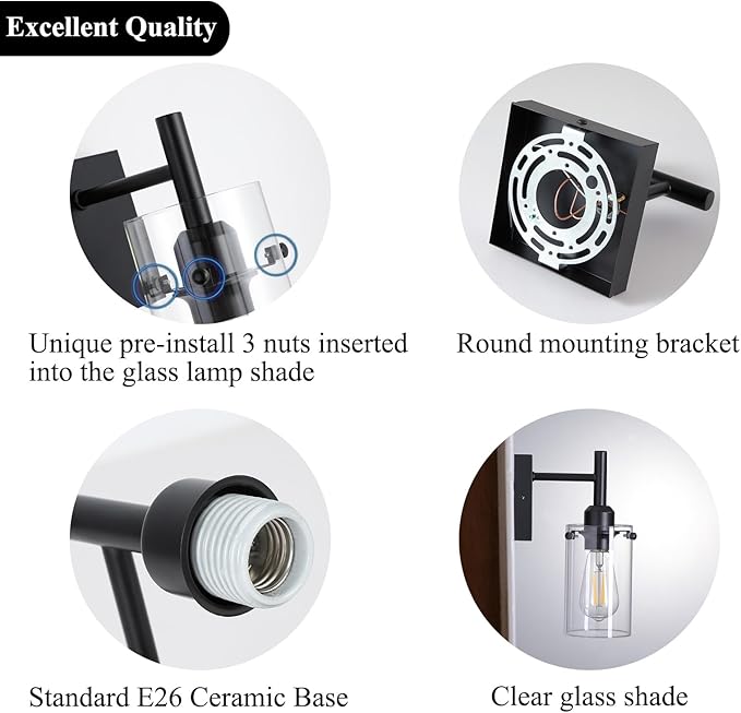Modern Farmhouse Black Wall Sconce,1-Light Bathroom Wall Mount Vanity Light with Clear Glass Shade,Indoor Metal Wall Lamp for Living Room Bedroom Kitchen Hallway Mirror Decor
