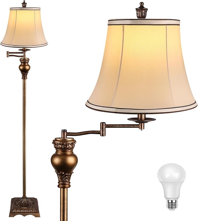 Vintage Floor Lamps for Living Room,Traditional 350° Adjustable Swing Arm Farmhouse Floor Lamp for Bedroom, Rustic Standing Lamp Pole Lamps for Reading, Home Décor and Office,Bronze Gold