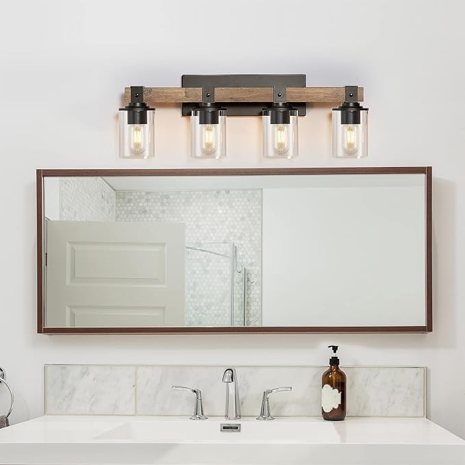 DUJAHMLAND Farmhouse Vanity Light Fixture, Industrial 4-Light Wood Wall Sconce Bathroom Vanity Lighting with Clear Glass Lights Shade,for Hallway,Kitchen,Bedroom(Antique Wood, 4-Light)