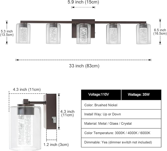 SineRise 5-Light Bronze Vanity Light with 3 Color Modes (3000K/4000K/6000K), Eye Protection LED Bathroom Light Fixture, Dimmable Modern Wall Light Over Mirror with Clear Glass Shade