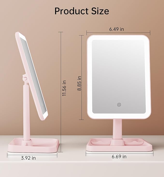 Famihomii Rechargeable Lighted Makeup Mirror for Girls, Desk Mirror with Lights, Detachable 10X Magnifying Mirror, Storage Base, 360° Rotation, Dimmable Lights for Teens Gifts, Pink