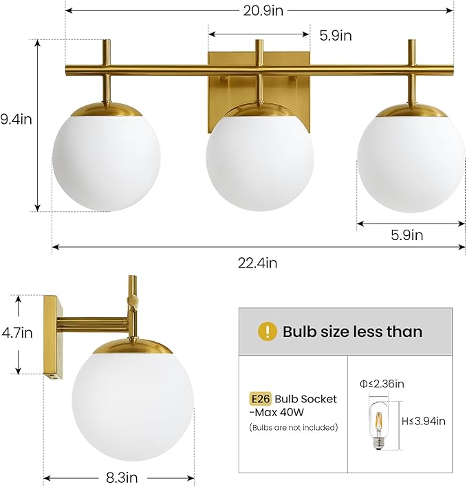 Gold Bathroom Light Fixtures, 3-Light Bathroom Vanity Light Over Mirror, Modern Vanity Lighting Fixtures with Milky White Globe Glass Shade, 22.4 inch Wall Sconce Light (Exclude E26 Bulb)