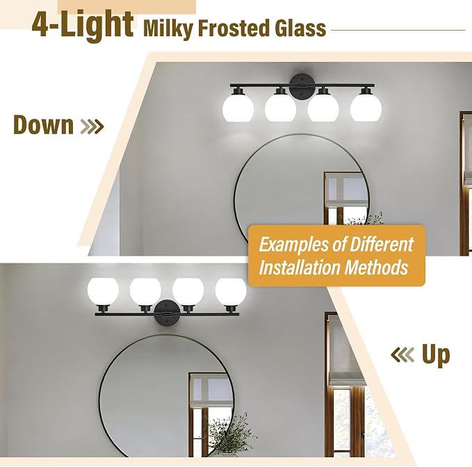 Matte Black Bathroom Light Fixtures, 4-Light Vanity Light Over Mirror | Modern Bathroom Lighting Over Mirror, Wall Sconces, Milky White Globe Glass Shades, E26 Socket,ETL Listed