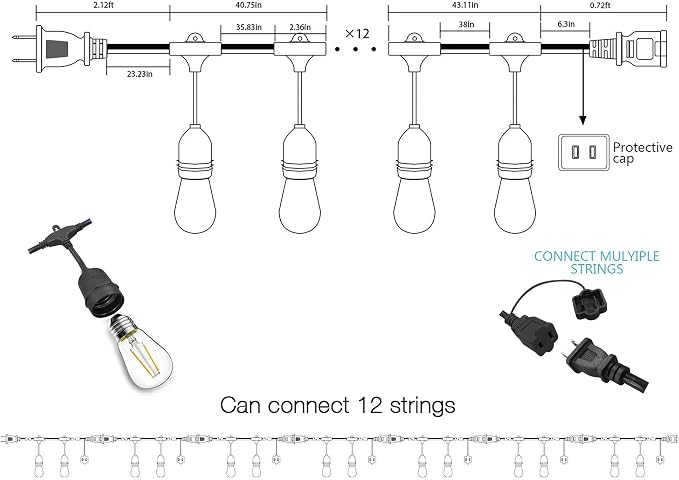 Outdoor String Lights, 48FT Waterproof Patio Lights with 2W Dimmable LED Bulbs, for Outdoor Backyard, Garden, Deck, Porch, Gazebo, Balcony, Camping, Party