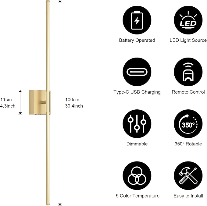 Battery Operated Wall Sconce, 3000K-6000K Dimmable Gold Wall Lights with Remote Control, Timable LED Wireless Wall Sconces, 350° Ratate for Bathroom, Living Room, Hallway 39.4 Inch 1 Pack