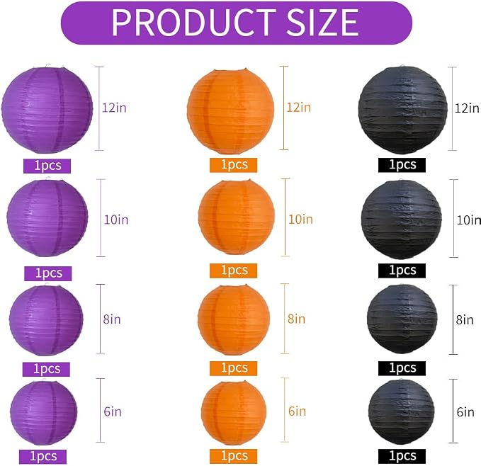 BEISHIDA Black Orange Purple Paper Lantern 6/8/10/12Inch Round Chinese Lamp | 12Pcs,Paper lanterns party decorations,Chinese/Japanese Paper Lanterns,Birthday,Wedding,Christmas,Home decorative outdoor