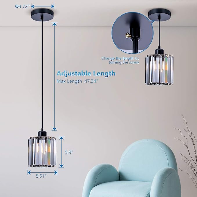 Modern Mini Crystal Pendant Light for Kitchen Island Counter Bar Dining Room Bedroom, Cylinder Crystal Pendant Lighting Fixture, Matte Black Finish
