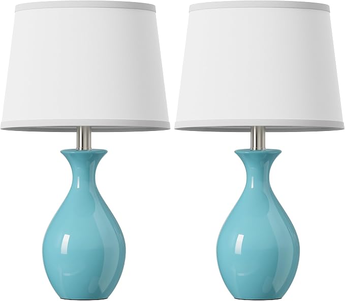 Table Lamp Set of 2, Modern Ceramic Bedside Lamps for Night Stands, Classic Small Lamp Nightstand Lamp for Bedroom Living Room Desk End Table Rocker Swtich Sky Blue