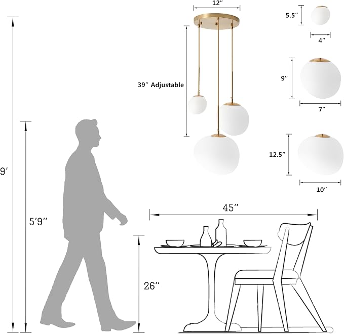 EFPefect 3 Lights Pendant Light for Kitchen Island Modern Globe Cluster Chandelier Ceiling Light Fixture for Dining Living Room Bedroom