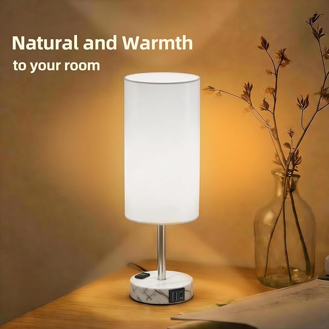Table Lamp for Nightstand, High-Sensitivity Touch, 3-Level Dimmable Bedside Lamp with AC Outlet | USB | and USB-C, Ideal Night Stand Lamp for Bedroom (1, White&Marble)