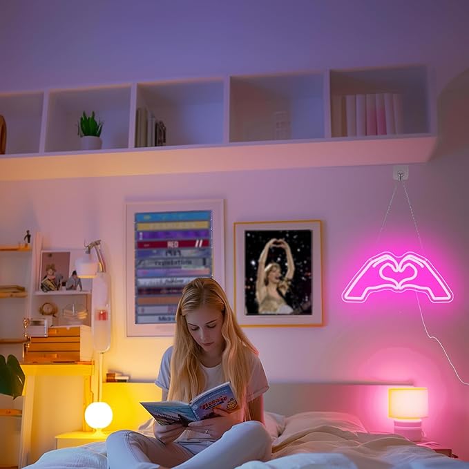 Heart Hands Neon Sign, Pink Room Decor, 15.75 inches Dimmable USB Powered Led Wall Art Decor, Music Merch Gifts for Girls Boys, Fans, Music Lover, Party, Christmas, Birthday(Pink)