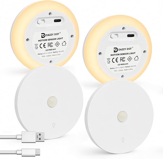DAZZY DOT Battery Powered Night Light, 4 Pack Motion Sensor Light Indoor | 3 Color Temperature, Dimmable, Magnetic, Stick On Backlit Night Lights for Wall, Stairs, Bedroom, Bathroom, Hallway, Nursery