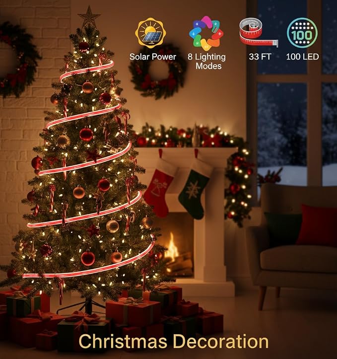 Halloween Candy Cane Lights Outdoor, 33ft 100 LEDs Solar Rope Lights, Waterproof IP65 Cobwebs Decor with 8 Modes, Solar String Lights for Patio, Wedding, Tree, Christmas dec