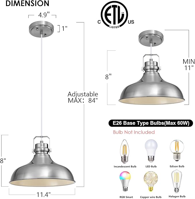 Brushed Nickel Modern Pendant Lights Kitchen Island Fixtures | ETL Certificate,Industrial Adjustable Height Vintage Dome Hanging Light Fixtures for Barn,Dining Room 3 Pack