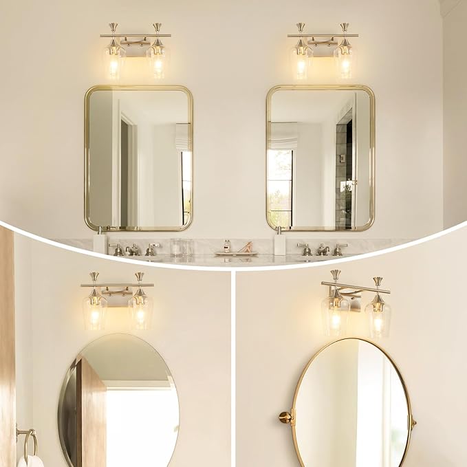 Bathroom Light Fixtures (2-Light, 14 Inch), Brushed Nickel Vanity Lights for Bathroom with Clear Wine Glass Glass Shade, Modern Vanity Wall Lights for Mirror Bedroom Living Room Kitchen Hallway Porch