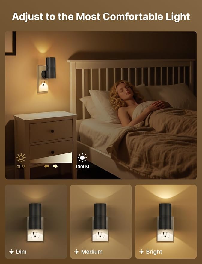 Night Light Plug into Wall, 4 Pack Dimmable LED Nightlight with Dusk to Dawn Sensor, Soft White Glow, for Hallway, Bathroom, Bedroom, Black