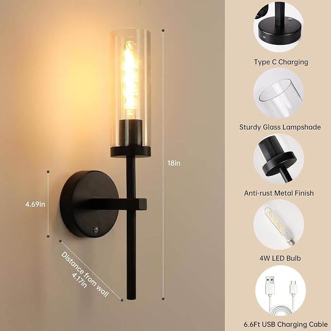 Shenmoyl Battery Operated Wall Sconces Set of 2, Black Rechargeable Wall Lighting Fixtures, Dimmable Wall Lights with Remote & Clear Glass Shade for Living Room, Bathroom,Bedroom