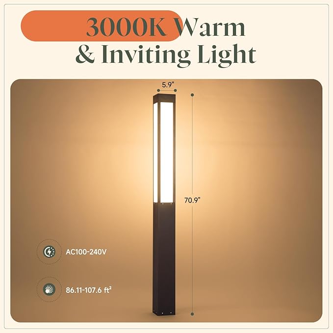 71" Tall Pathway Lights, Landscape Bollard Lights Outdoor, Modern Path Light Waterproof, Aluminum Driveway Light High Voltage Wired, 15W LED Lighting Walkway Lamp for Lawn Patio Yard Garden