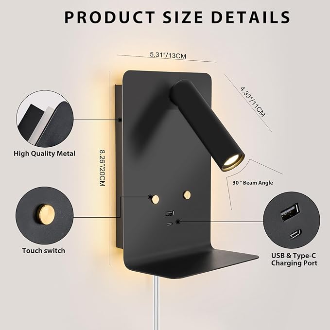 ZEROUNO LED Dimmable Wall Mounted Reading Light, Backlight Night Wall Lamp, Adjustable Headboard Plug in Wall Sconce with USB C+A Ports, LED Reading Light for Bedroom Bedside Lamps