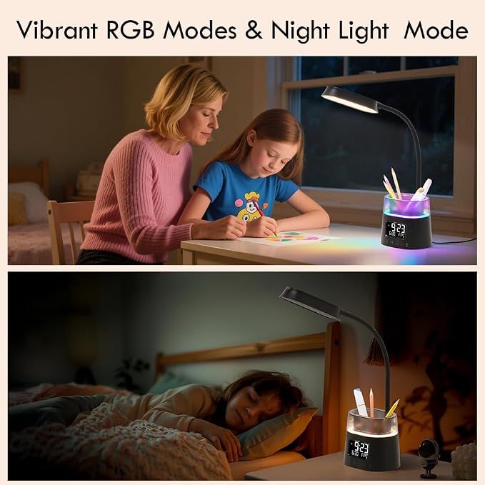 WILIT LED Kids Desk Lamp, Dimmable Study Lamp for Home Office Desk Accessories, with Pen Holder & Clock, USB Charging Port, RGB Night Light, Bedroom & College Dorm Room Essentials for Girls - Black
