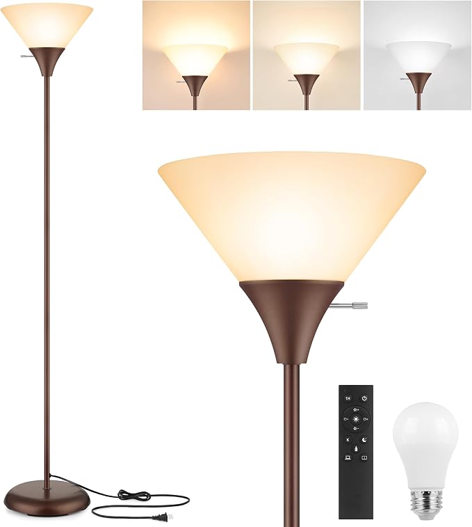 Coucrek Floor Lamp for Living Room, Torchiere Standing Light | Remote Control Stepless Dimmable Brightness & Color Temperature, 9W LED Bulb Included, Tall Lamp for Bedroom, Office, Dorm