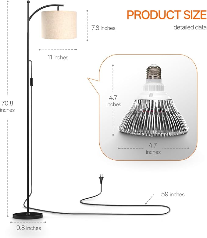 70.8in Tall Grow Light with Stand, Standing Plant Light with Timer | 25W 3000K Non-Dimmable, Full Spectrum LED Grow Lamp for Plant Growth, Flexible Adjustable Angle