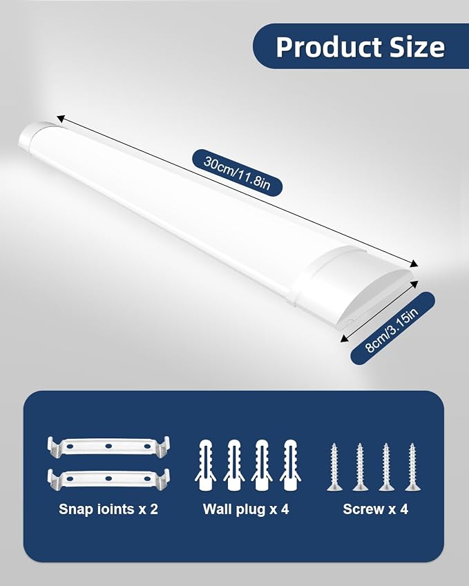 Sararoom 1FT LED Shop Light Fixture 10W LED Tube Light, 1200lm, 6500K Cold White, 30cm 11.8inch LED Garage Closet Light Ceiling Light for Office Home Basement, No Plug, No Ground Wire