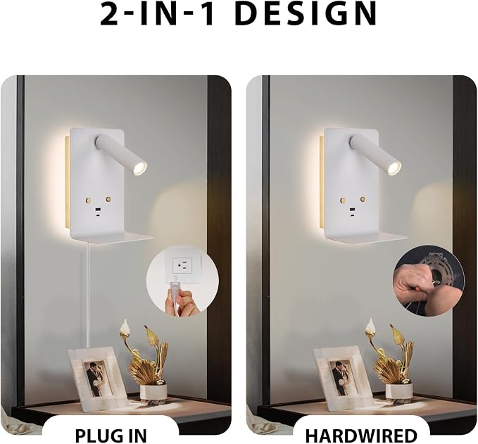ZEROUNO Touch Dimmable Wall Mounted Reading Light Set of 2, Plug in Bedroom Bedside Lamp Wall Mount Sconce, White Corded Headboard Reading Lamp with USB C+A Charging Ports for Bed Side Room