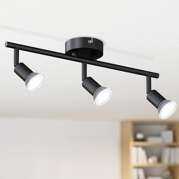 LVWIT 3-Light Track Lighting Fixtures Ceiling with Flexibly Rotatable Head, Modern Black Track Lighting Kit, Ceiling Spotlights for Kitchen, Living Room, Bedroom (GU10 Socket, Bulbs Not Included)