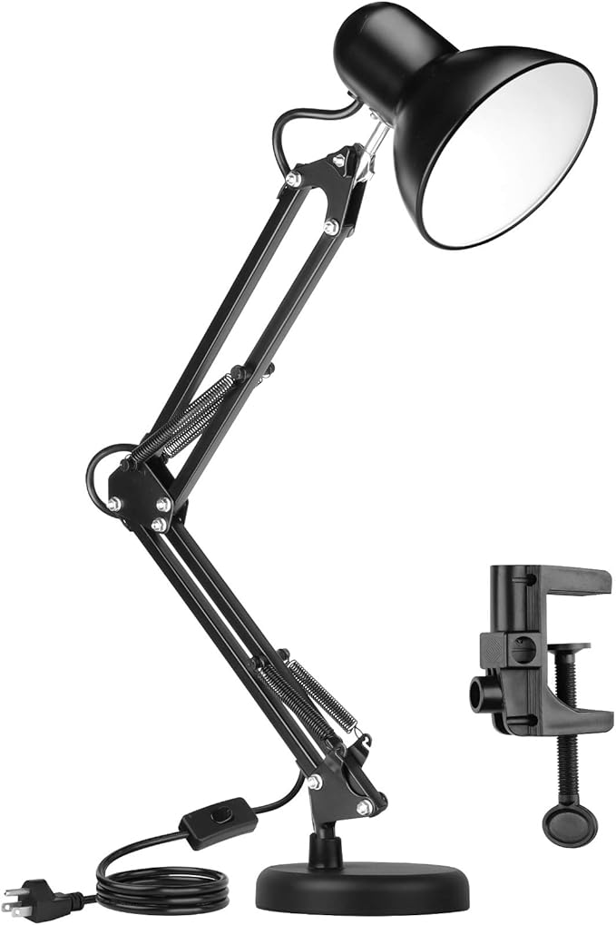 AmeriTop Metal Desk Lamp, Black, Adjustable Arm, 18" Extension, UL-Listed