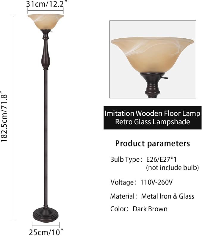 Floor Lamp with Alabaster Glass Bowl Shade, 72 Inch Tall Torchiere, Dark Brown, Brushed Nickel