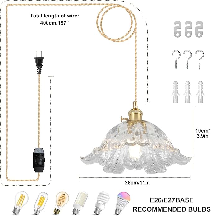 Plug in Pendant Light Fixtures,Hanging Light Fixture Flower Transparent Glass Pendant Light 11 inch E26 Pendant Lighting for Kitchen Island, Bedroom, Dining Room, Living Room
