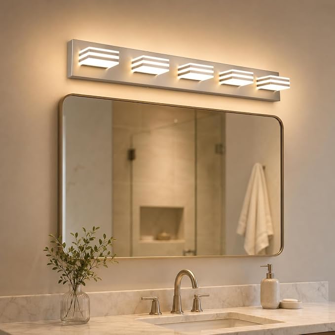 Yumecrelect 5-Light Brushed Nickel Vanity Light Fixture, 34 Inch 40W 5CCT Dimmable LED Bathroom Wall Light with Clear Acrylic Shade, Hardwired Over Mirror Lighting for Master Bath