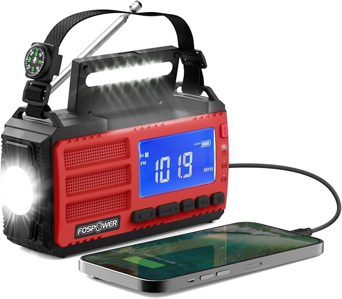 FosPower NOAA Emergency Weather Radio D8 37000mWh Portable Power Bank, AM/FM, USB/Solar/Hand Crank Charging, SOS Alarm & Flashlight for Indoor/Outdoor Emergency - Red