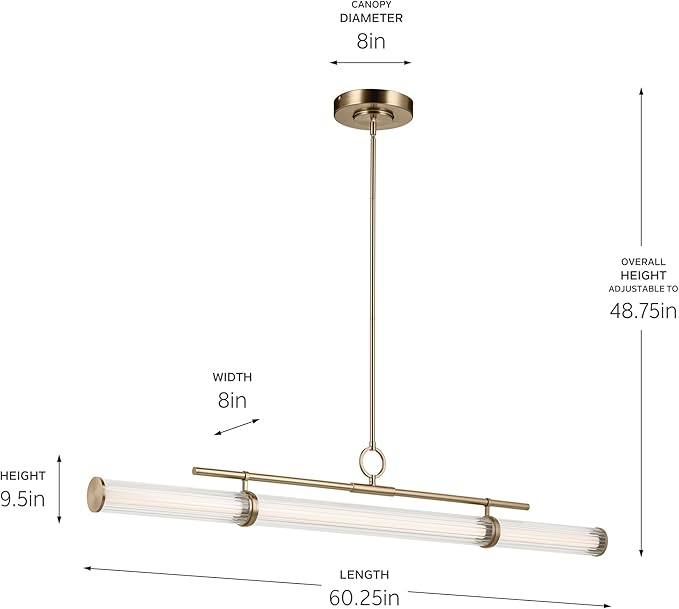 Kichler Riven LED 1-Light Linear Chandelier with Clear Fluted Glass in Champagne Bronze, Sloped Ceiling Compatible, for Kitchen or Dining Room (9.5" x 8" x 60.25"), 52754CPZLED