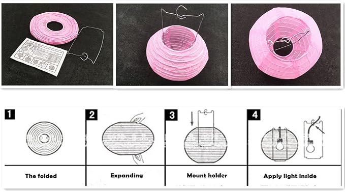 Folding Round Paper Lantern Reusable Chinese/Japanese Style Hanging Ornament Lamp Cover for Garden Birthday Party Decoration Supplies(Pink,10pcs Assorted Sizes)