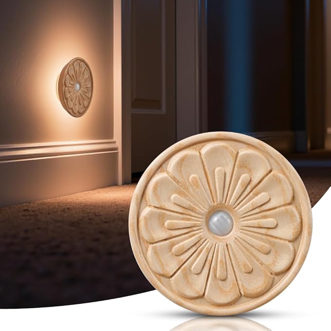 Flower Motion Sensor Night Light, Rechargeable Wooden Lamp | Ash Wood, 3000K Warm White, Backlight Glow, Rechargeable Battery, Magnetic Mount, Sensor Flower Light for Hallway, Bedroom