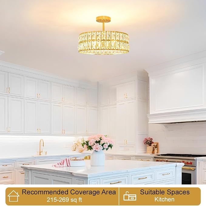 Lxybcce Crystal Ceiling Light Fixture, Modern Brushed Gold Ceiling Light Chandelier, Semi Flush Mount Chandelier Lighting Fixture for Kitchen Entryway Living Room Dining Room, 5-Light, 16 Inch